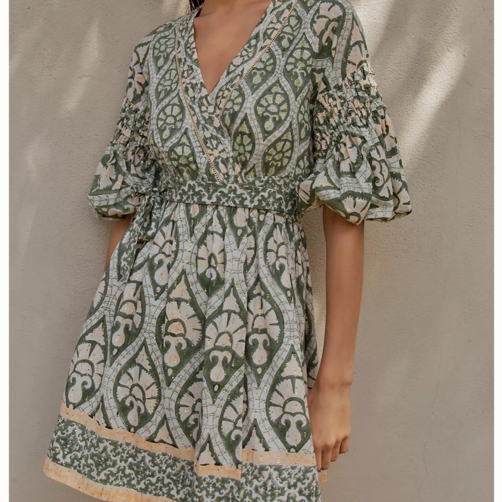 Green and Cream Printed Wrap Mini Dress with Puff Sleeves